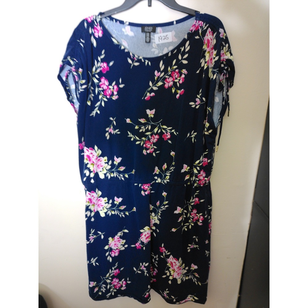 Jones New York Dress Womens XXL Navy Pink Floral Elastic Waist Short Sleeve Fall